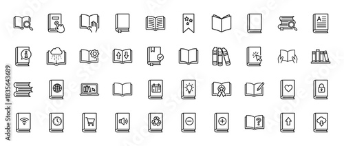 Education and knowledge line icon set. Vector pictograms of open book, magnifying glass, bookmark, and calendar, thin outline illustration.