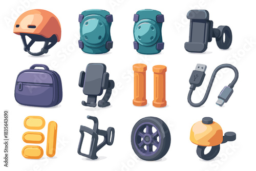 Vector icons accessories cable wheel scooter pads stickers charging lock icon holder