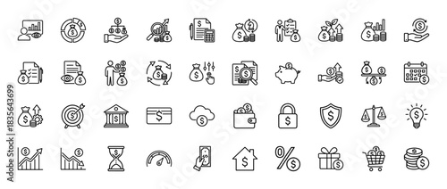 Finance and business line icon set. Vector pictograms of money bags, charts, currency, and documents, thin outline illustration.