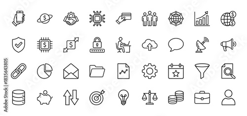 Business and finance line icon set. Vector pictograms of handshake, graph, data, security, and technology, thin outline illustration.