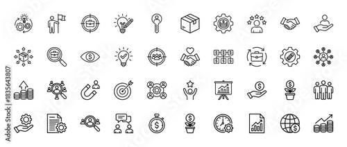Business line icon set. Vector pictograms of target, handshake, chart, money, and teamwork, thin outline illustration.
