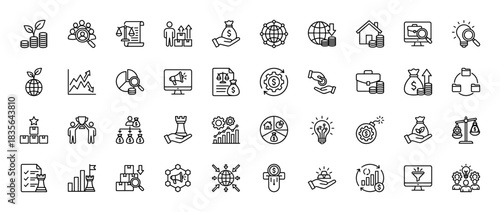 Business and finance line icon set. Vector pictograms of money growth, strategy, research, and global economy, thin outline illustration.