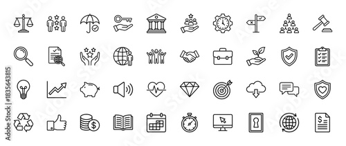 Business and finance line icon set. vector pictograms of legal justice, teamwork, and planning, thin outline illustration.