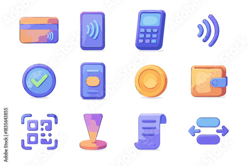 Qr vector payment icons transaction icon tap card wireless contactless interface coin