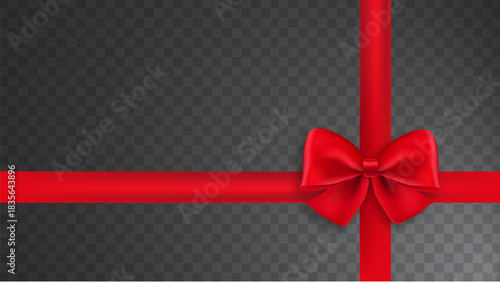 A vibrant red satin ribbon and bow elegantly tied over a transparent checkered background, perfect for gift wrapping or festive designs.