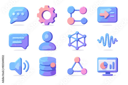 Vector model features learning user nodes icons natural training waves chatbot gear