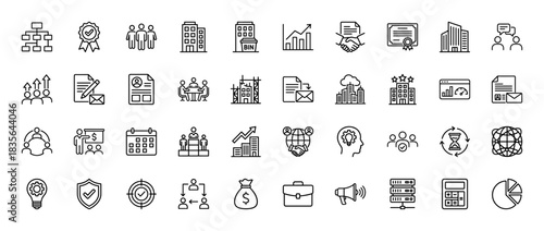 Business and finance line icon set. Vector pictograms of teamwork, buildings, charts, documents, and strategy, thin outline illustration.