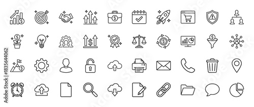 Business and finance line icon set. Vector pictograms of growth chart, handshake, briefcase, and calendar, thin outline illustration.