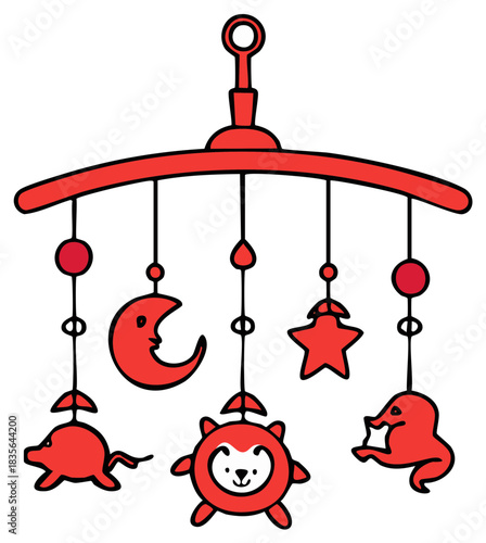 Whimsical red hand-drawn baby mobile with cute hanging animals, a crescent moon, and a star