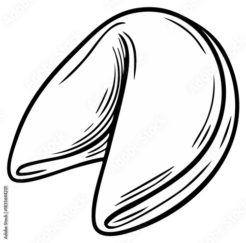 Black and white line art illustration of a traditional fortune cookie symbolizing luck and future prediction