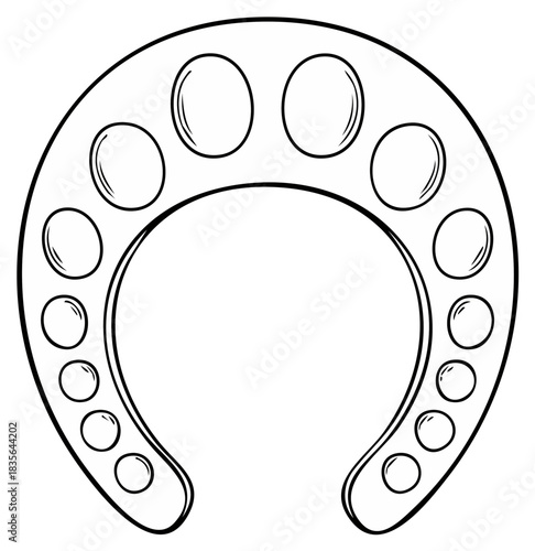 Stylized lucky horseshoe outline with circular depressions, simple black and white line art illustration