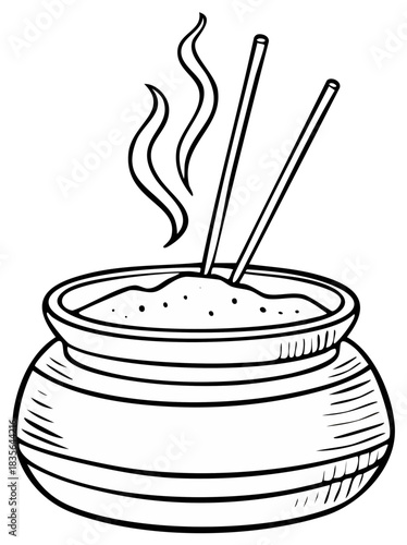 Stylized illustration of two incense sticks burning with smoke rising from a decorative pot