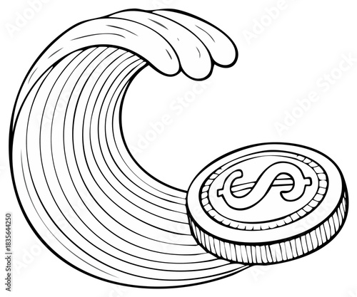 Dollar coin riding a powerful ocean wave black and white line art illustration financial concept