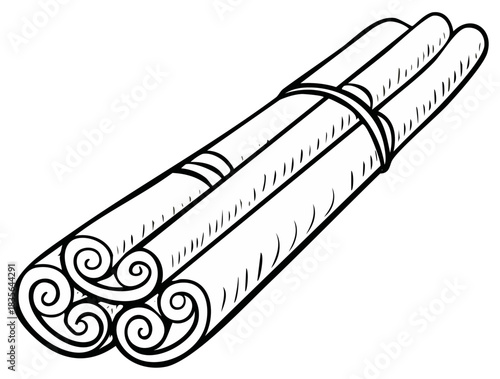 Outline illustration of a bundle of cinnamon sticks tied together with a ribbon.