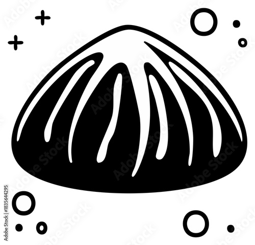 Stylized Clam Shell Illustration with Decorative Bubbles and Crosses