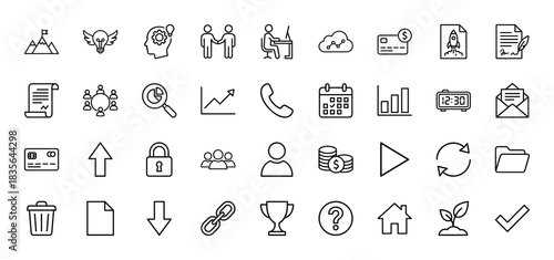 Business and finance line icon set. Vector pictograms of startup, partnership, meeting, analysis, growth, payment, security and strategy, thin outline illustration.