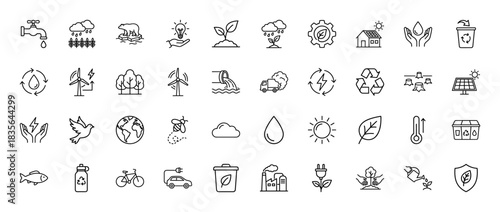 Ecology and environment line icon set. Vector pictograms of wind power, recycling, renewable energy, and nature, thin outline illustration.