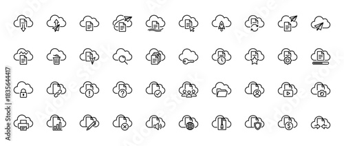 Cloud data line icon set. Vector pictograms of download, upload, sync, transfer, security, access, and document management, thin outline illustration.