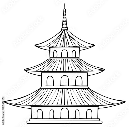 Japanese Pagoda Tower Black and White Line Art Illustration