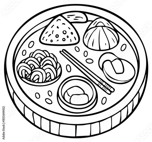 Dim sum illustration, plate of traditional Chinese food with chopsticks.