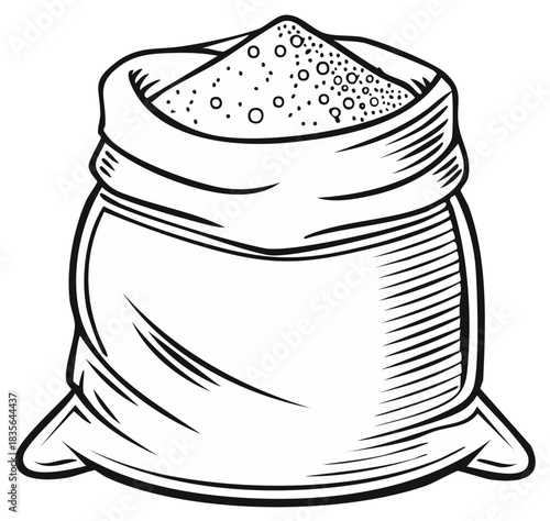 Open burlap sack of sugar or flour hand drawn line art illustration
