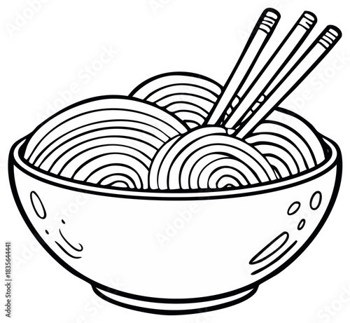 Asian noodle soup bowl with chopsticks black and white line art illustration