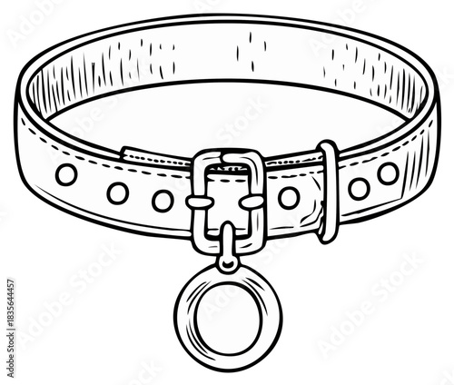 Black and white hand drawn sketch of a pet collar with buckle and round ID tag