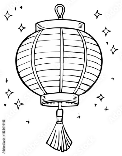Hand drawn black and white sketch of a traditional Asian lantern with a tassel and starbursts