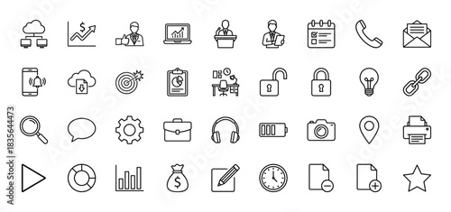 Business and finance line icon set. Vector pictograms of networking, growth chart, calendar, email, and lock, thin outline illustration.