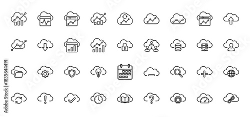 Cloud computing line icon set. Vector pictograms of data analytics, security, storage, and networking, thin outline illustration.