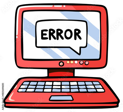 Cartoon red computer screen displays an error message in a speech bubble