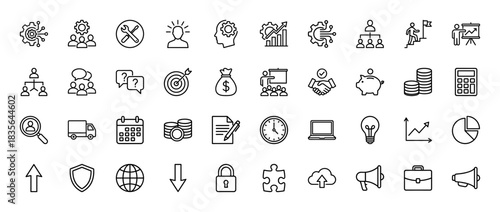 Business and management line icon set. Vector pictograms of teamwork, strategy, finance, and marketing, thin outline illustration.