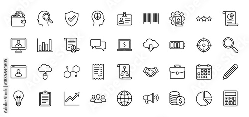 Business and finance line icon set. Vector pictograms of wallet, chart, agreement, gear, and calendar, thin outline illustration.