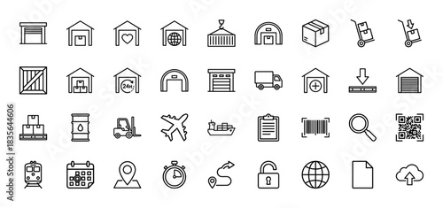Logistics and shipping line icon set. Vector pictograms of warehouse, truck, crane, calendar, and delivery, thin outline illustration.