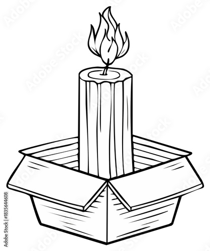 A burning candle inside an open cardboard box black and white line art illustration representing a fire hazard