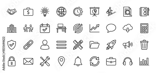 Business and finance line icon set. Vector pictograms of handshake, briefcase, calendar, calculator, and target, thin outline illustration.