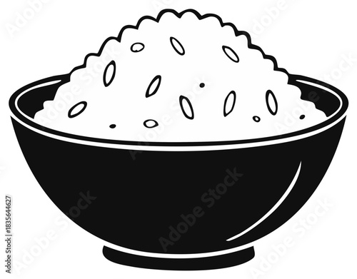 Bowl filled with fluffy cooked rice in a minimalist black and white design.