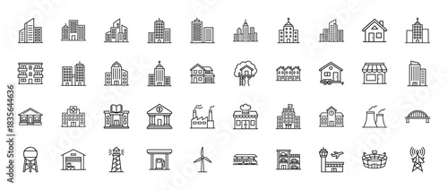 Urban architecture and infrastructure line icon set. Vector pictograms of buildings, houses, industry, and transportation, thin outline illustration.