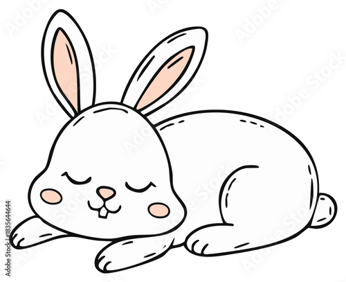 Cute white cartoon bunny resting with eyes closed and blush on cheeks