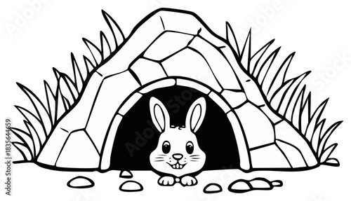 Cartoon Rabbit Peeking from Cave Burrow Outline Illustration, Animal Home Habitat, Rabbit in Cave