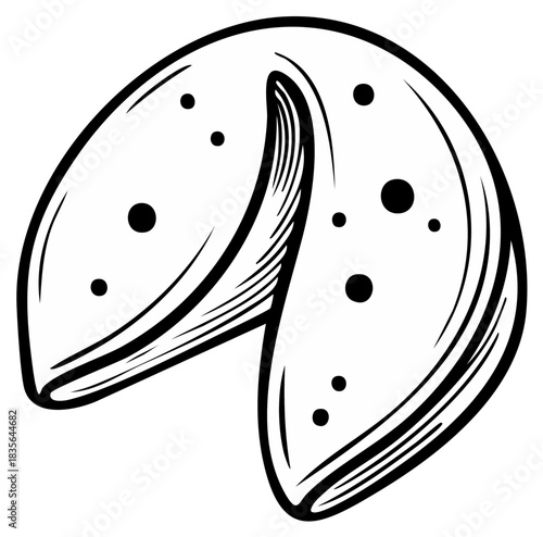 Classic fortune cookie illustration in a hand drawn line art style traditional Asian dessert