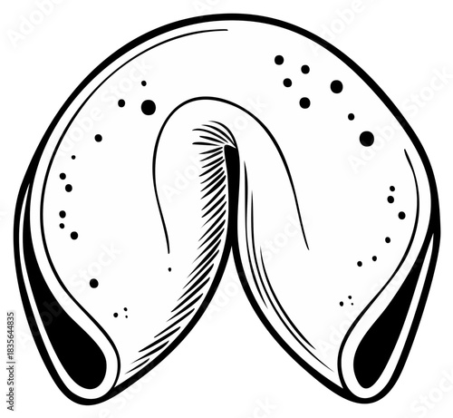 Fortune Cookie Illustration: Black Outline, Luck, Predictions, and Asian Cuisine Iconography