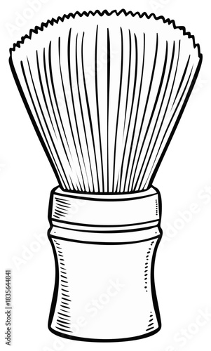 A black and white line art illustration of a classic shaving brush for grooming and personal care