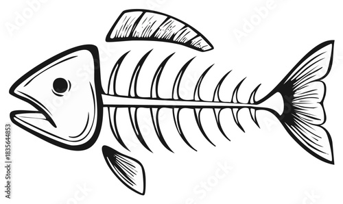 Outline Illustration of Fish Skeleton Showing Anatomy