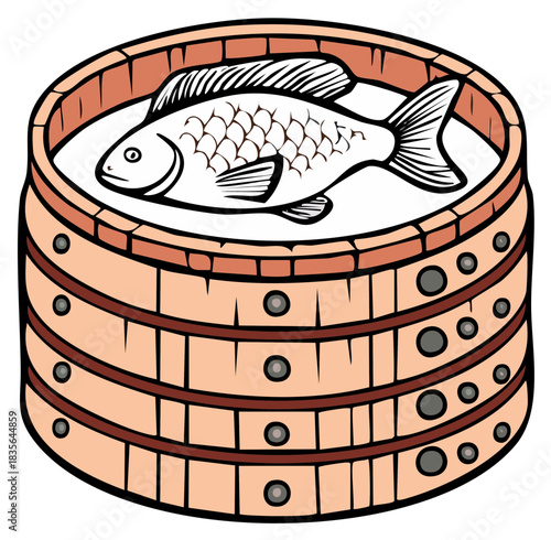 Fish in a Wooden Tub Outline Drawing Seafood Illustration Fresh Catch