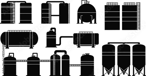 Industrial storage tanks used for gases, liquids, and bulk materials. Fuel, propane, water tanks. Oil and gas vessels. Mixing equipment water storage tanks vector illustration icon set, silhouette. 