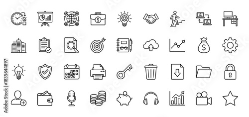 Business and finance line icon set. vector pictograms of a clock, chart, building, briefcase, key, calendar, and money, thin outline illustration.