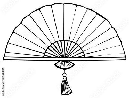 Elegant traditional Asian folding hand fan with tassel, black and white line art illustration.