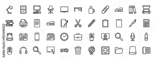 Business and office supplies line icon set. Vector pictograms of lamp, chair, printer, briefcase, and calendar, thin outline illustration.