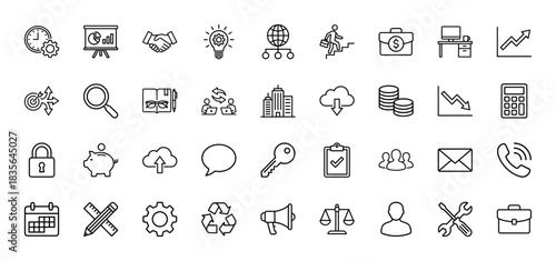 Business and finance line icon set. vector pictograms of strategy, analysis, handshake, management, and technology, thin outline illustration.